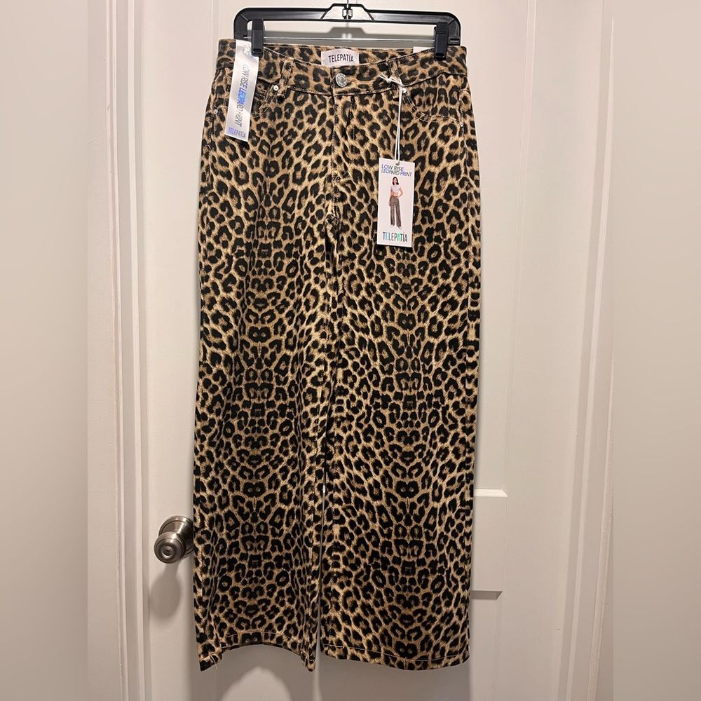 Telepatia Women's Wide Leg Pant Leopard Print Low Rise Jeans Cotton Tan 7/28